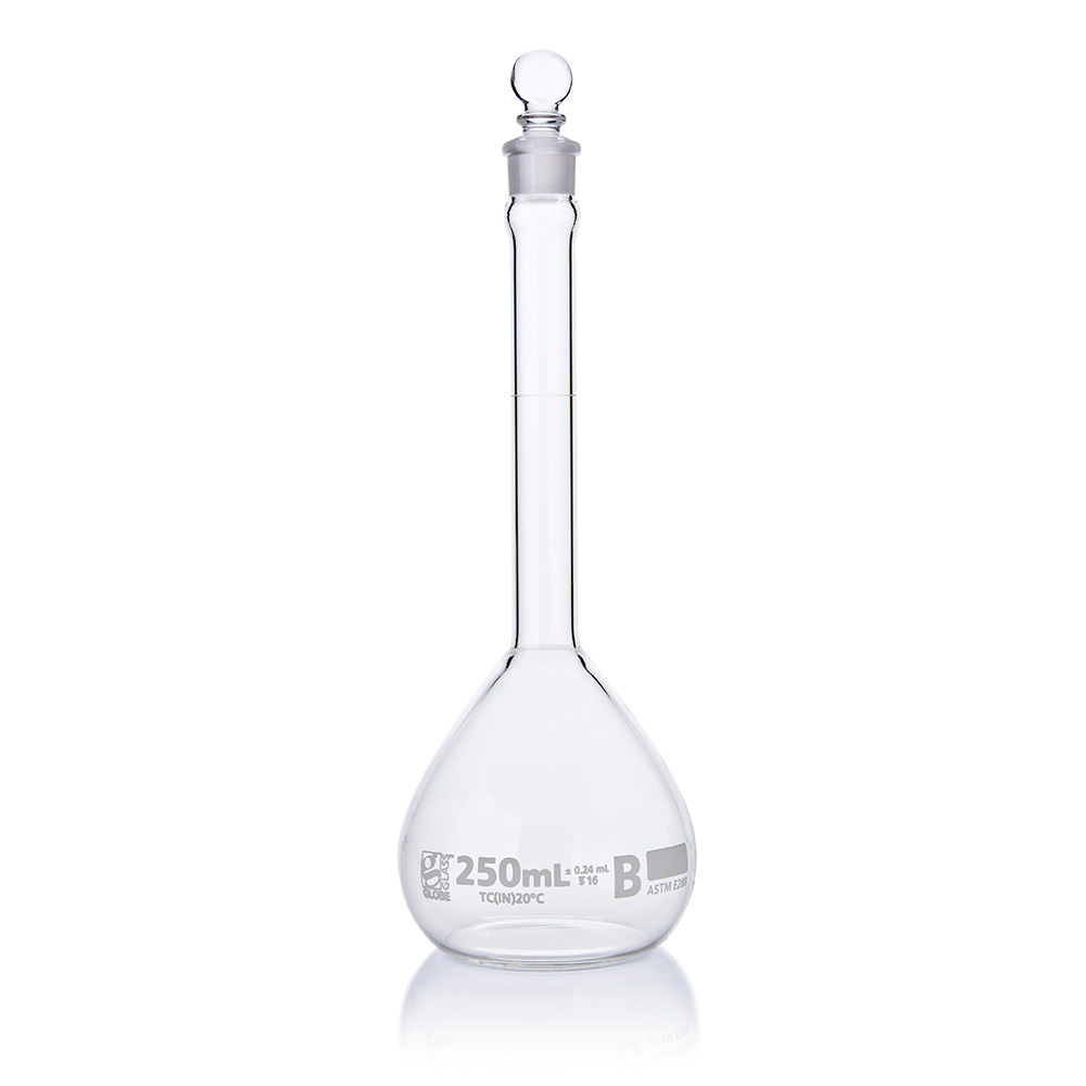 Globe Scientific Flask, Volumetric , Globe Glass, 250mL, Class B, To Contain (TC), ASTME288, 6/Box Image